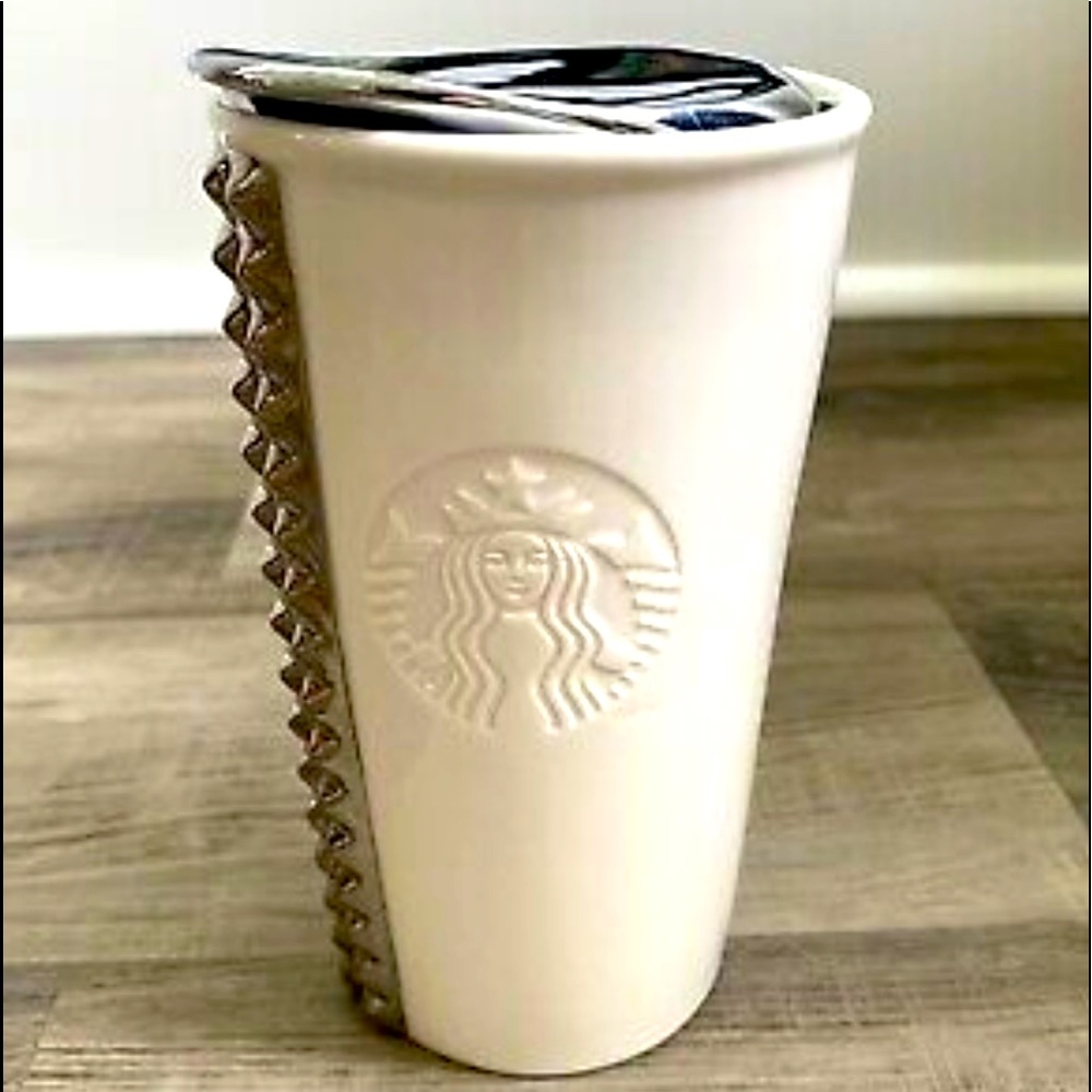 Limited Edition STARBUCKS CERAMIC TUMBLER WITH LID WHITE WITH SILVER STUDS 2014